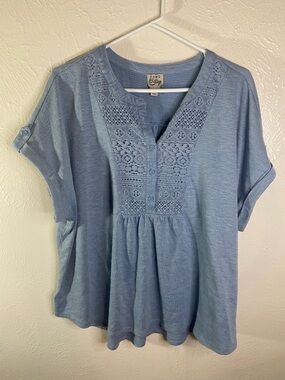 Como Vintage Dusty Blue Crochet Yoke Peasant Blouse